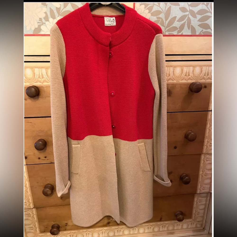 Vintage Macy's Color block Soft Knit Red & Tan Jacket w snap buttons and pockets